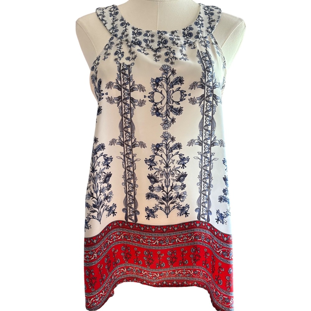 West Kei Womens Blue White Red Floral Border Print Halter Neck Blouse Top